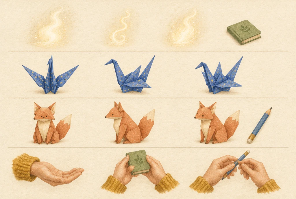 Reference sheet in four rows: Ember’s undefined light, Nucci’s blue paper crane, Codex’s terracotta paper fox, and Emanuel’s hands with mustard sleeves.