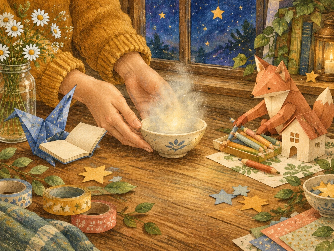 Human hands and two paper companions make a welcoming home for a faint little glow.